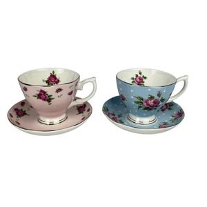 Miranda fine bone China Floral Rose Polka Dot Tea Cup Saucer Set Of 2